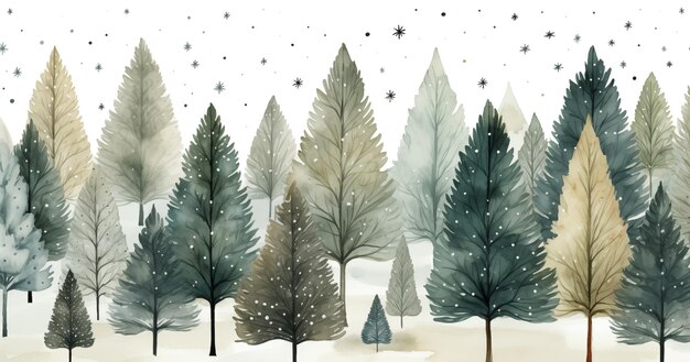 Watercolor card with Christmas tree and winter forest on a white background