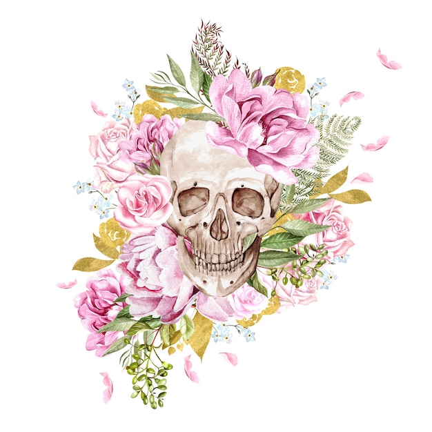 Watercolor card with skulls and different flowers