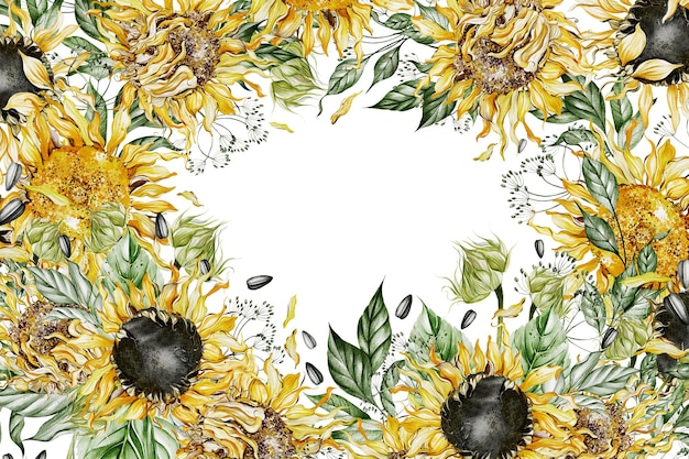 Photo watercolor card with sunflowers and leaves illustration