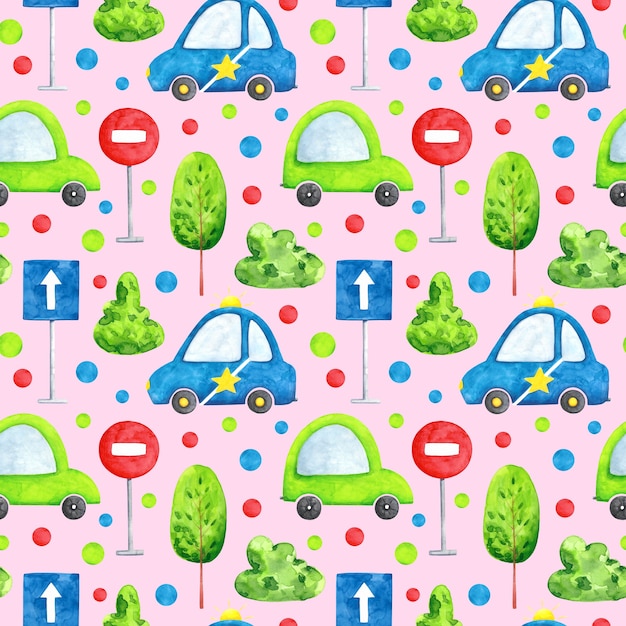 Watercolor cars on pink background seamless pattern Cartoon transport repeat print