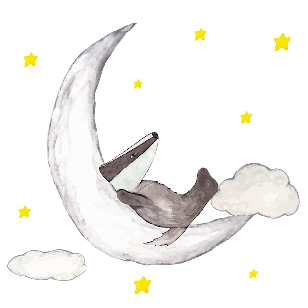 Watercolor cartoon badger lies on the moon on white background