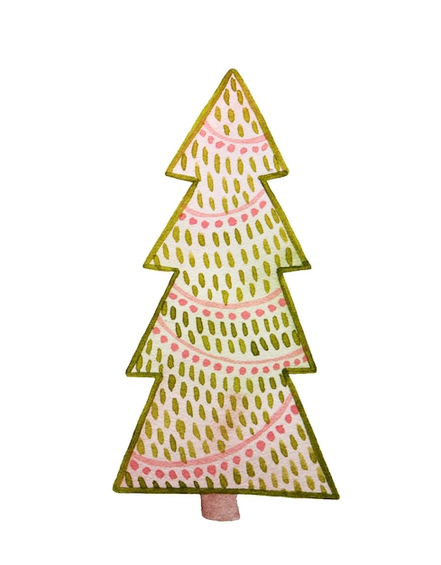 Watercolor cartoon christmas tree with needles Hand drawn illustration in pink green colors