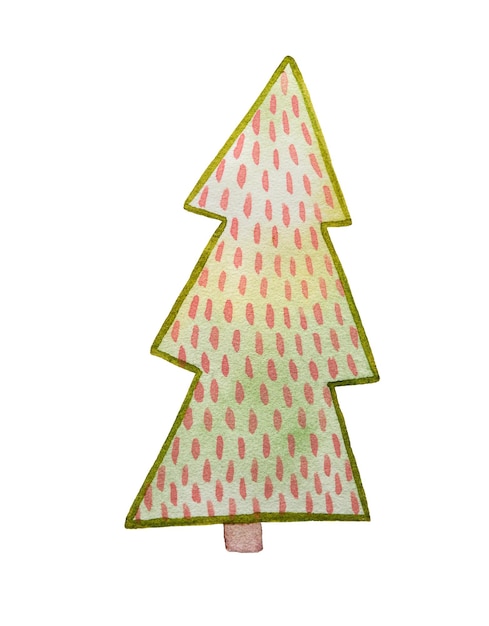 Watercolor cartoon christmas tree with needles Hand drawn illustration in pink green colors