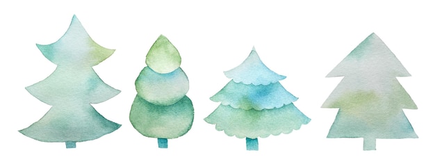 Watercolor cartoon christmas trees Set Hand drawn illustration in blue green colors