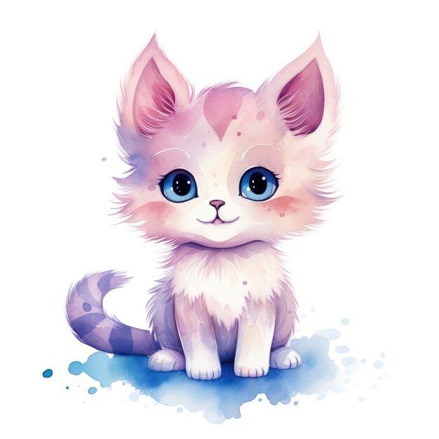 Watercolor Cartoon Cute Kids Cat Isolated on White Background