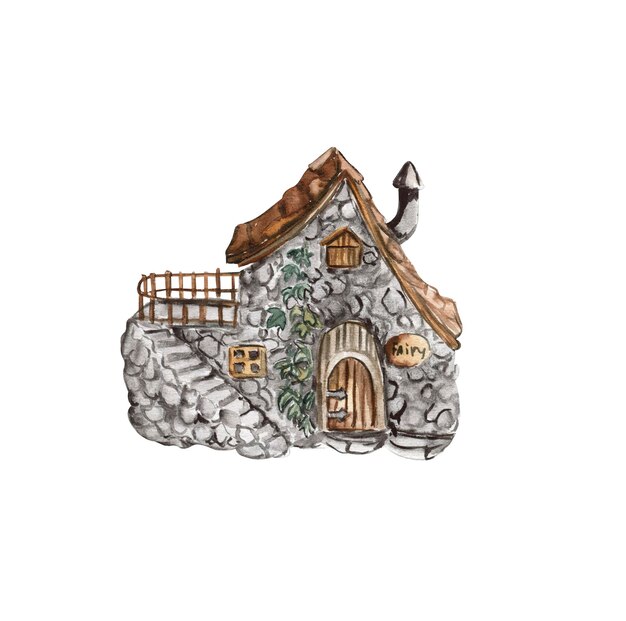 Watercolor cartoon fairy tale mushroom house with wooden door.