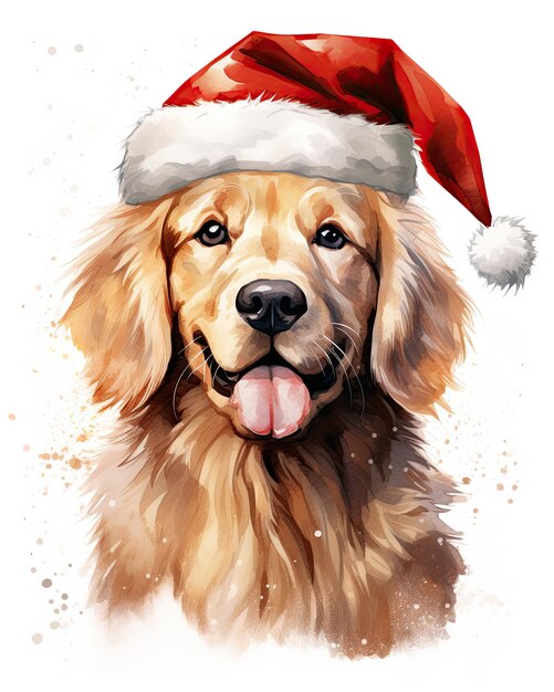 Watercolor cartoon illustration of a Christmas cute puppy Dog on a white background