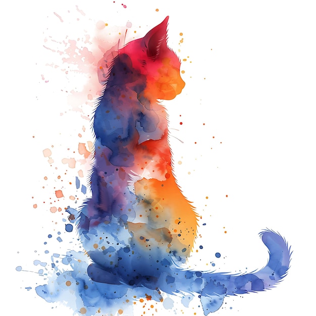 Photo watercolor cat silhouette with splashes of color