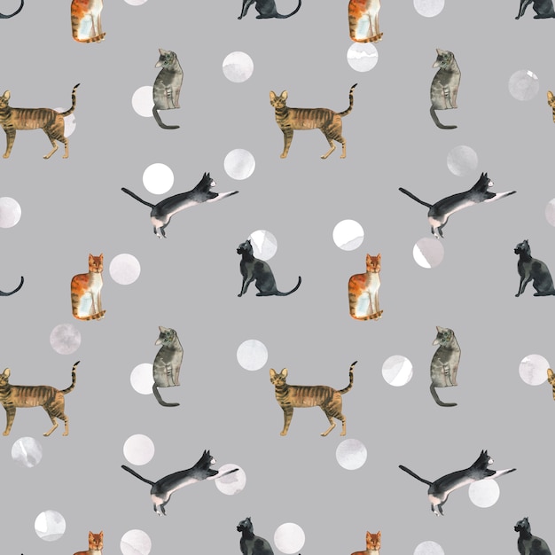 Watercolor cats pattern on polka dot background. Vintage cats pattern for textile or wrapping paper.