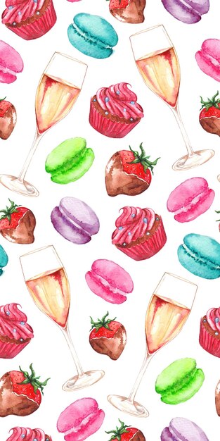 Watercolor champagne strawberry chocolate cupcake seamless pattern background texture