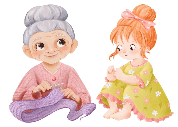 Photo watercolor character set a grandmother knitting portrays a cheerful little girl with big eyes for