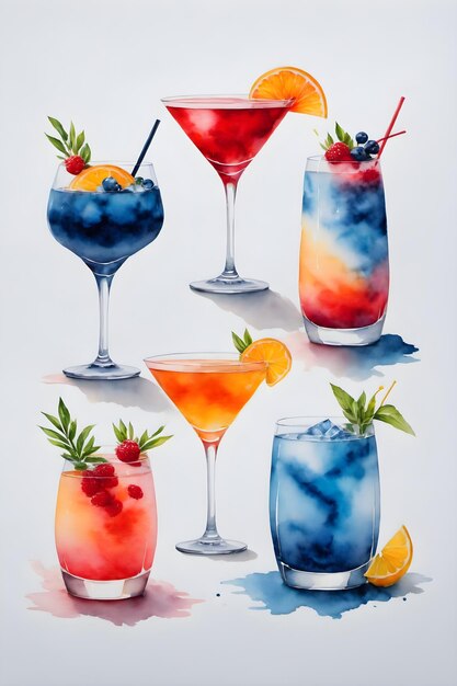 Watercolor Cheers Vibrant Cocktail Collection on a Clean White Canvas