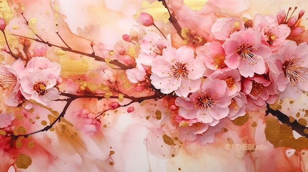 Watercolor cherry blossom golden alcohol ink Generative AI