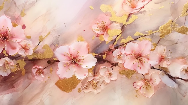 Watercolor cherry blossom golden alcohol ink Generative AI