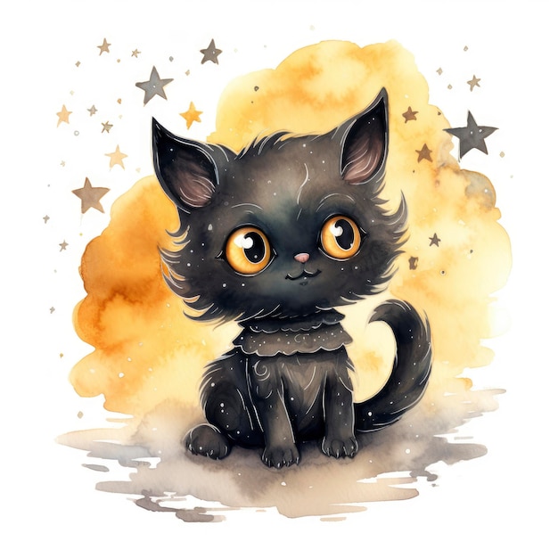 Watercolor Chibi Halloween Cat with Moonlit Mystery Graphic