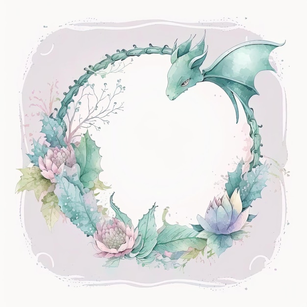 Watercolor Childish Frame with Little Dragon Illustration AI GenerativexA