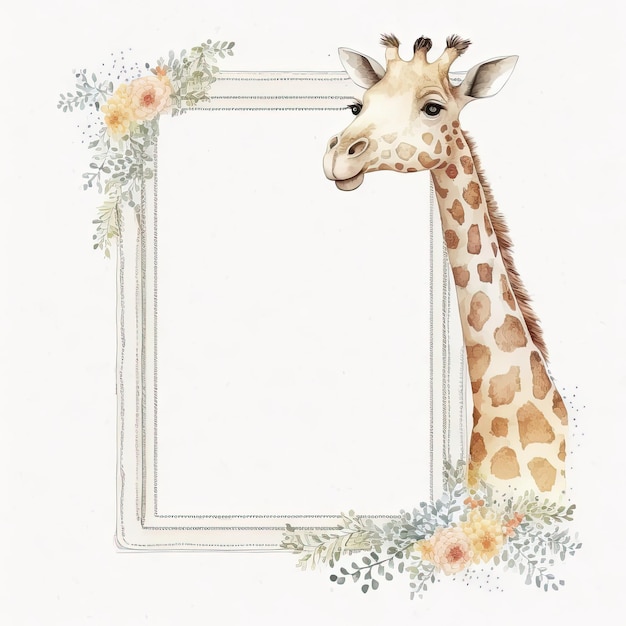 Watercolor Childish Frame with Little Giraffe Illustration AI GenerativexD