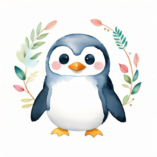 Watercolor children illustration with cute penguin clipart