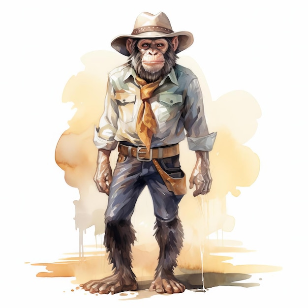 Watercolor Chimp Cowboy Illustration On White Background