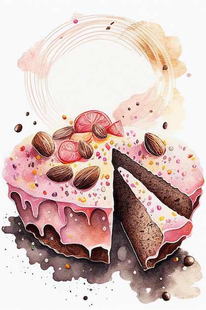 Watercolor chocolate sponge cake on white background illustration