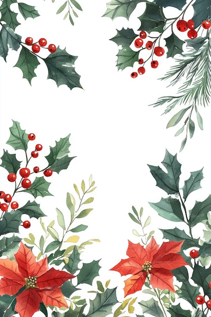 Photo watercolor christmas border with holly and poinsettia