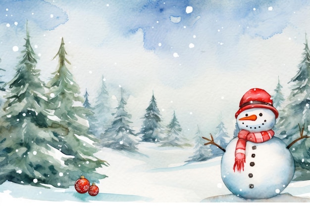 Watercolor Christmas card design with snowman and red Christmas balls