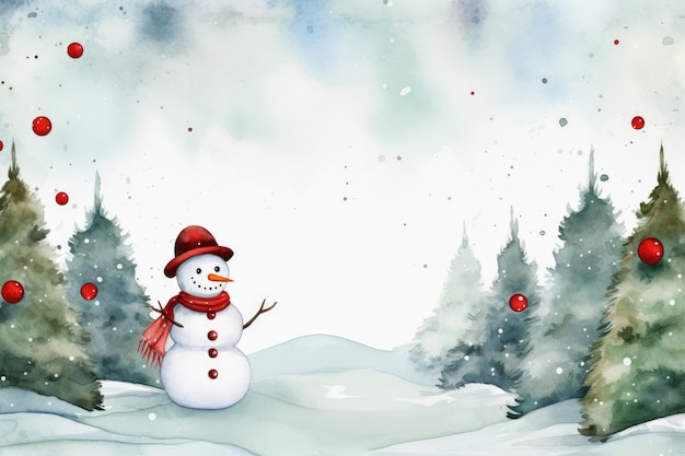 Watercolor Christmas card design with snowman and red Christmas balls