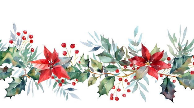 Watercolor Christmas card frame with winter foliage holly berry poinsettia christmas star flower