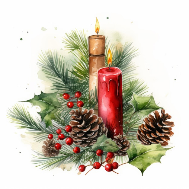 Watercolor Christmas card with candles and fir branches Illustration for postcards invitations