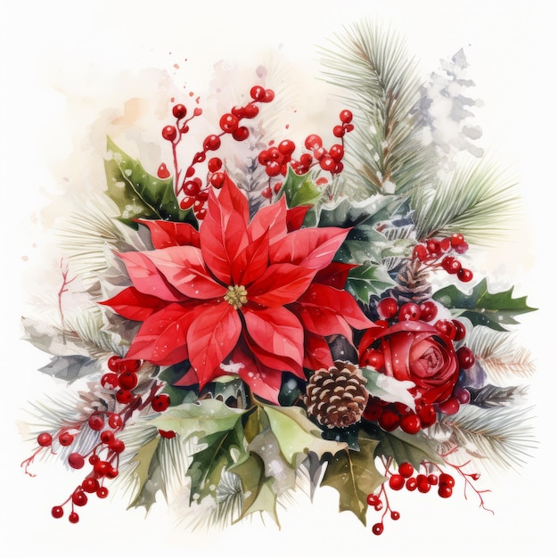 Watercolor Christmas card with poinsettia and holly branches Illustration for postcards invitations