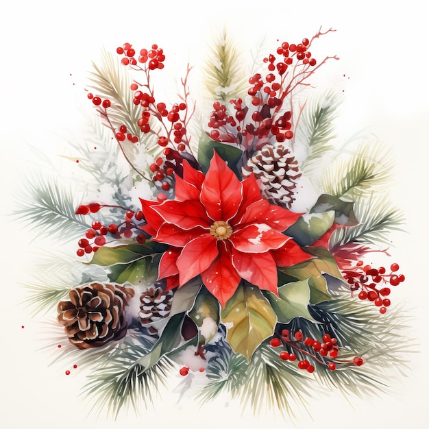 Watercolor Christmas card with poinsettia and holly branches Illustration for postcards invitations