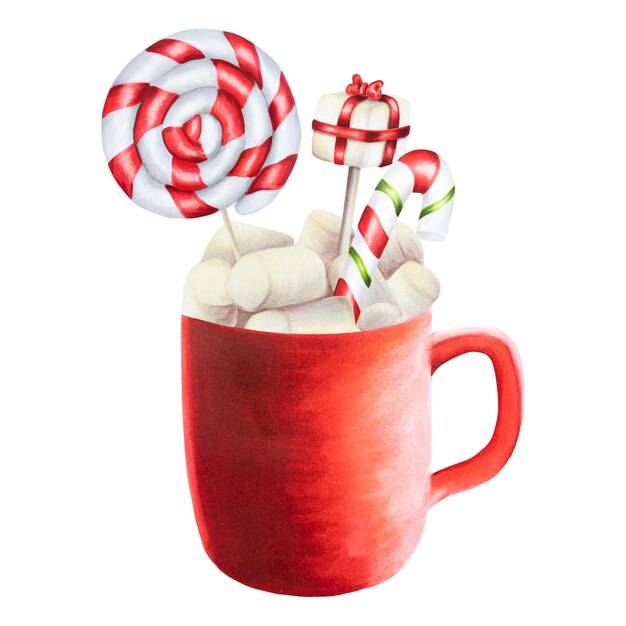 Watercolor Christmas cup of hot drink with marshmallows and candy cane New year hand painting r