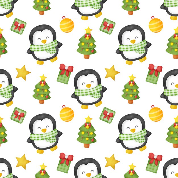 Watercolor christmas day with cute penguins seamless patterns.