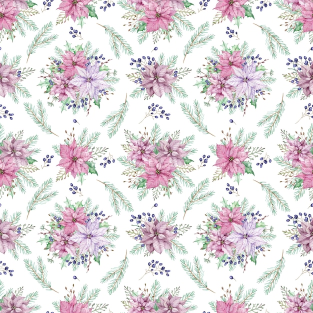 Watercolor Christmas floral background with pine branches. Seamless pattern with poinsettia and blue berries.