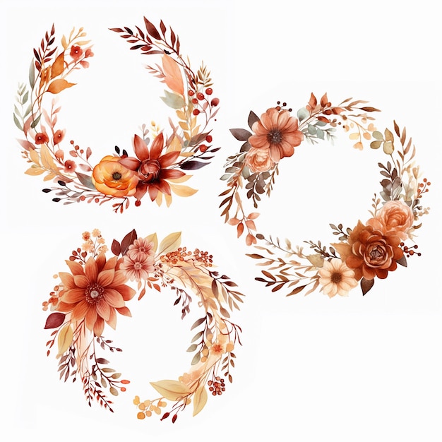 watercolor christmas floral wreath in brown red and orange muted colors isolated on white backgrond