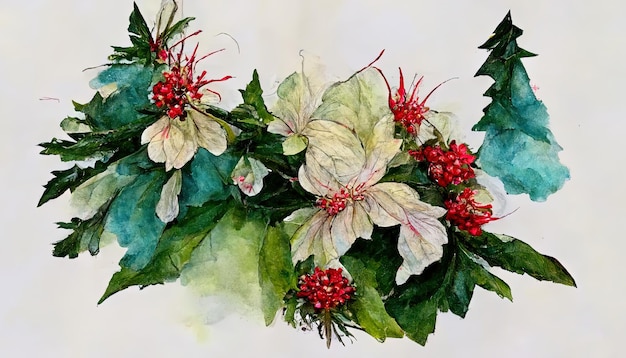 Watercolor christmas flower arrangement red flower plant hand drawn winter bouquets Generative Ai