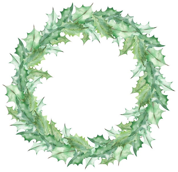 Watercolor Christmas green mistletoe leaves wreath. Hand-drawn New Year's template isolated on the white background.