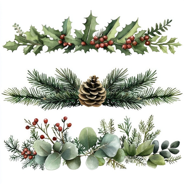 Watercolor Christmas Greenery Garland Set