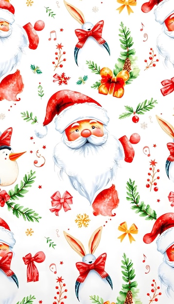 Photo watercolor christmas pattern with santa claus snowman rabbit penguin and other christmas