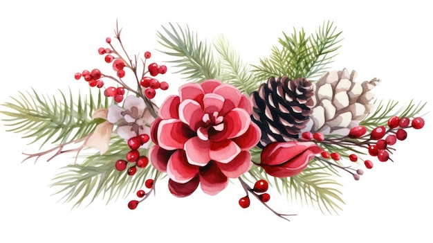 Watercolor Christmas Pine Cone Bouquet Illustration AI Generated