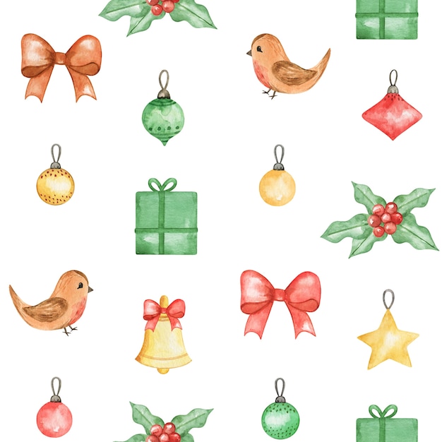 Watercolor Christmas seamless pattern, New Year cute background, winter bird, xmas pattern design