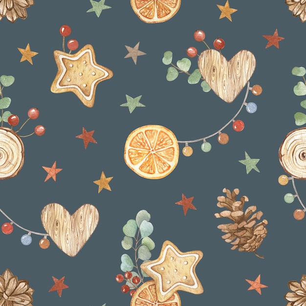 Watercolor Christmas seamless pattern with ginger cookies eucalyptus orange fruit stars garland Hand made holiday background Design cards wallpaper posters fabric textile wrapping paper