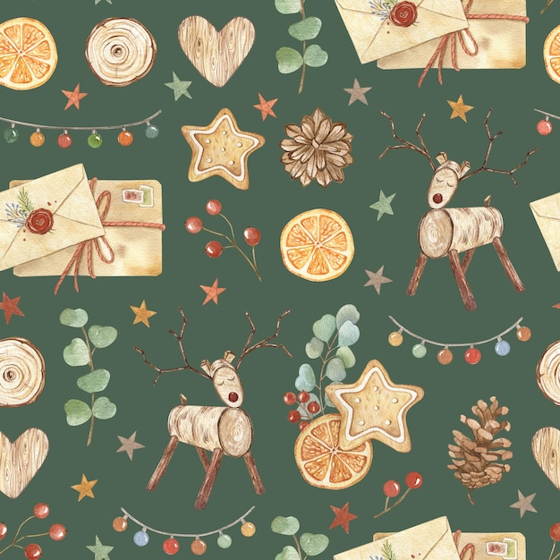 Watercolor Christmas seamless pattern with wooden toy deer Scandinavian background Hand made holid