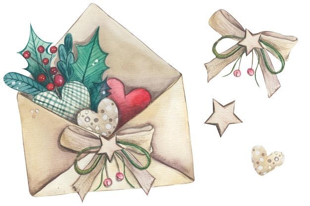 Photo watercolor christmas set envelope with toys bow star heart isolation on a white background new year