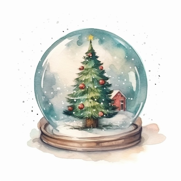 Watercolor christmas snow globe with a christmas tree inside.