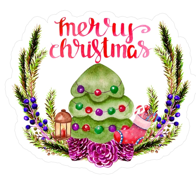 Watercolor christmas sticker with fir branches the inscription merry christmas sticker with new year