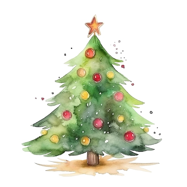 Watercolor Christmas tree with balls isolated on white Generative ai