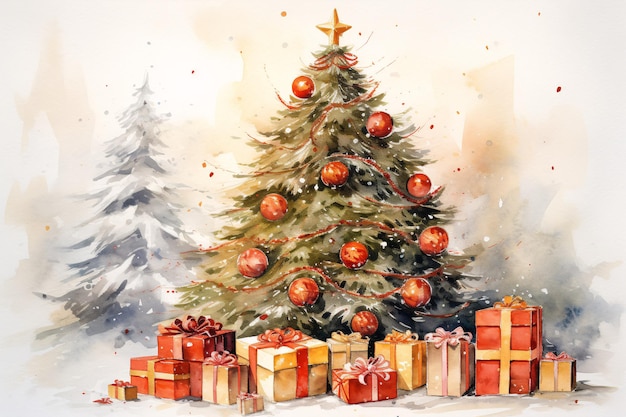 a watercolor of a christmas tree with presents