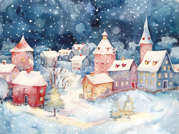 Watercolor Christmas Village in Snow