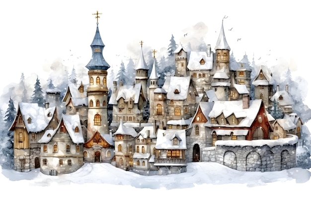 watercolor Christmas village with people snow and Christmas tree